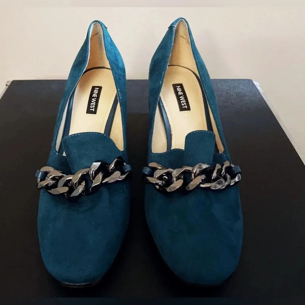 Nine West suede Y2K block Heel penny loafers academia fall office chunkyheel